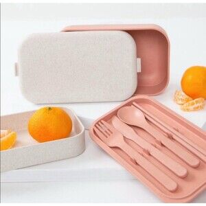Our Place Layered Lunch Box w/Clips & Utensils Pink Rose Gold Bento Meal Prep